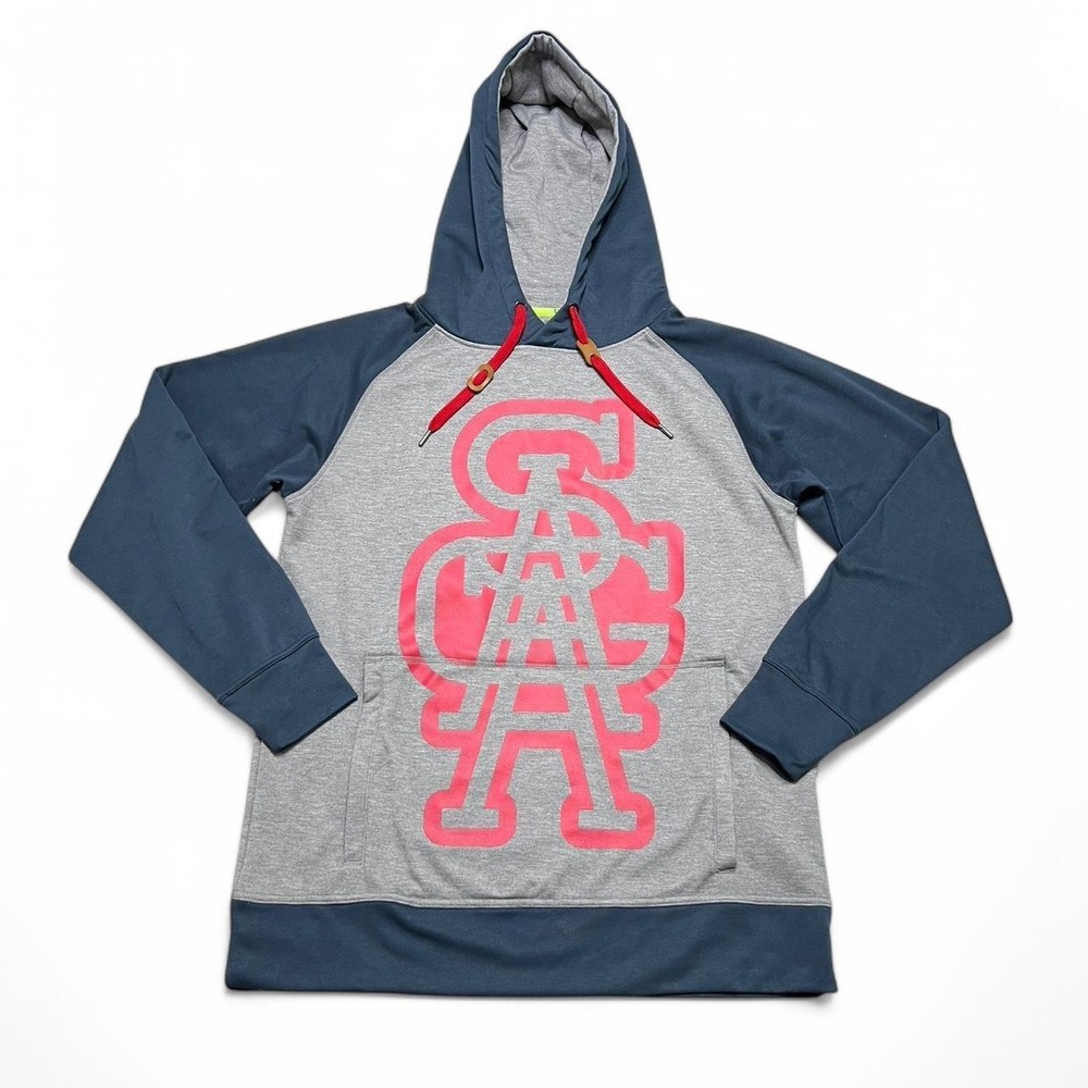 Saga Hoodie Mens L Grey Navy Pink Tek Pullover Raglan Graphic Technical Fleece